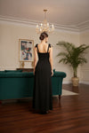 Black Ruched Slit Maxi Dress with Tie-Up Detail