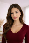 Maroon V-Neck Full Sleeve Crop Top – Slim Fit Stretch Casual Top