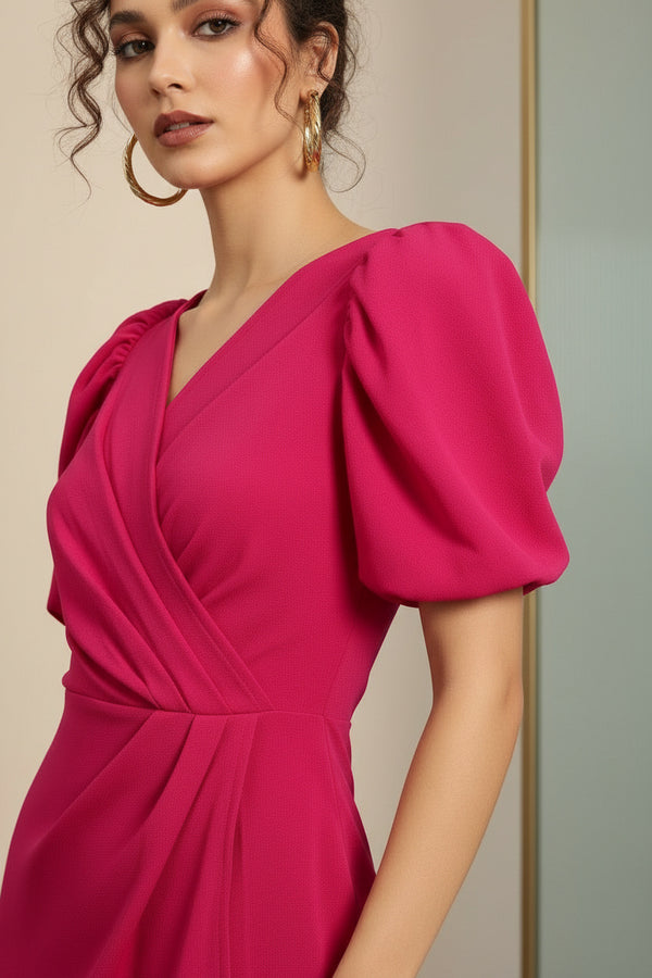 Hot Pink Puff Sleeve Tulip Wrap Mini Dress