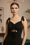 Black Ruched Slit Maxi Dress with Tie-Up Detail