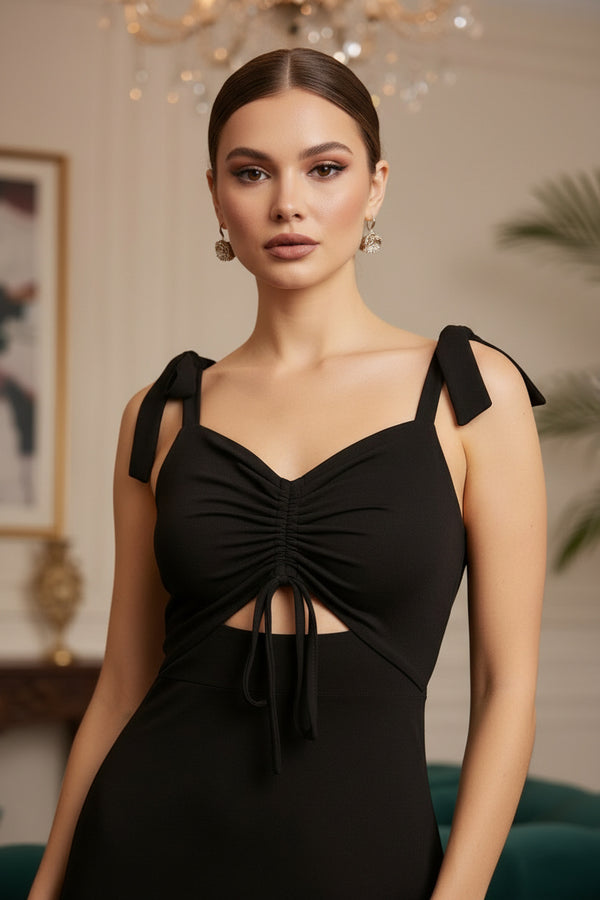 Black Ruched Slit Maxi Dress with Tie-Up Detail
