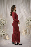 Red Ruched Maxi Dress with Sheer Sleeves | Elegant Evening & Occasion Wear