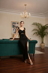 Black Ruched Slit Maxi Dress with Tie-Up Detail