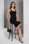 Black Square Neck Bodycon Midi Dress with Side Slit