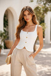 White Ribbed Button-Front Crop Top with Square Neck