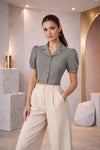 Steel Gray Puff Sleeve Collared Crop Top with Button-Down Detail