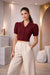 Maroon Puff Sleeve Collared Crop Top with Button-Down Detail