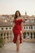 Red Off-Shoulder Cowl Neck Ruffle Hem Midi Dress - GARMENT2FASHION