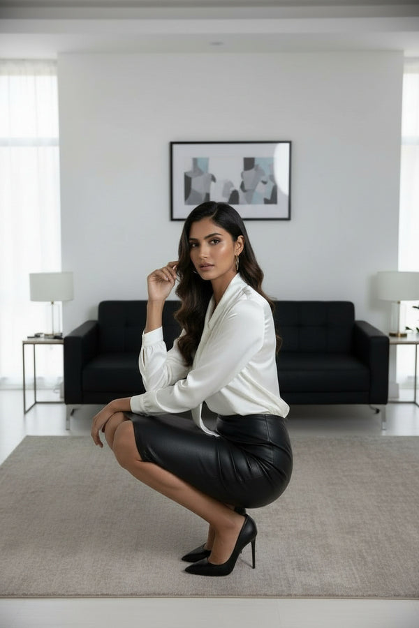 Women White Tie-Neck Satin Shirt – Elegant Long Sleeve Formal Blouse