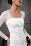 White Ruched Powernet Bodycon Mini Dress