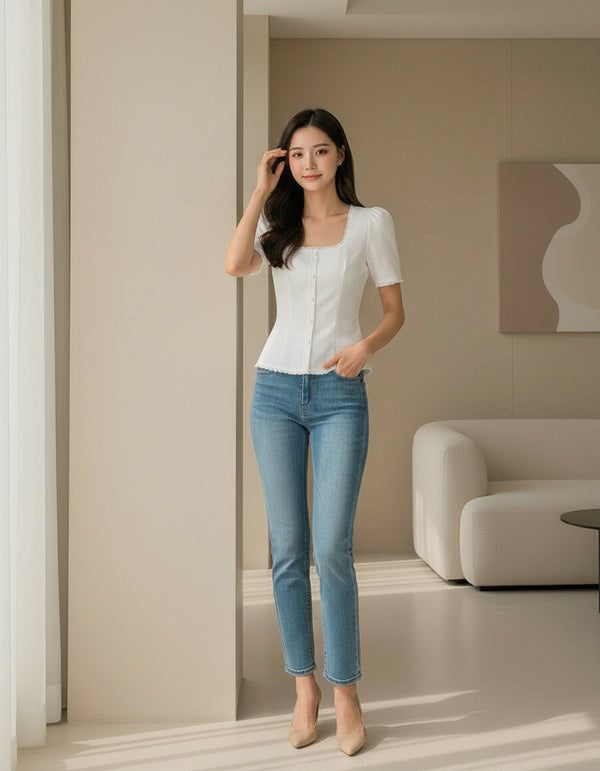 White Solid Women’s Square Neck Casual Top - GARMENT2FASHION