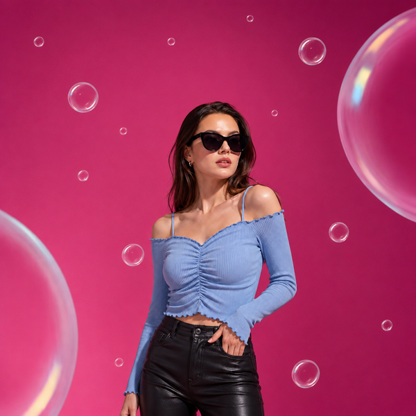 Sky Blue Ruched Off Shoulder Ribbed Crop Top