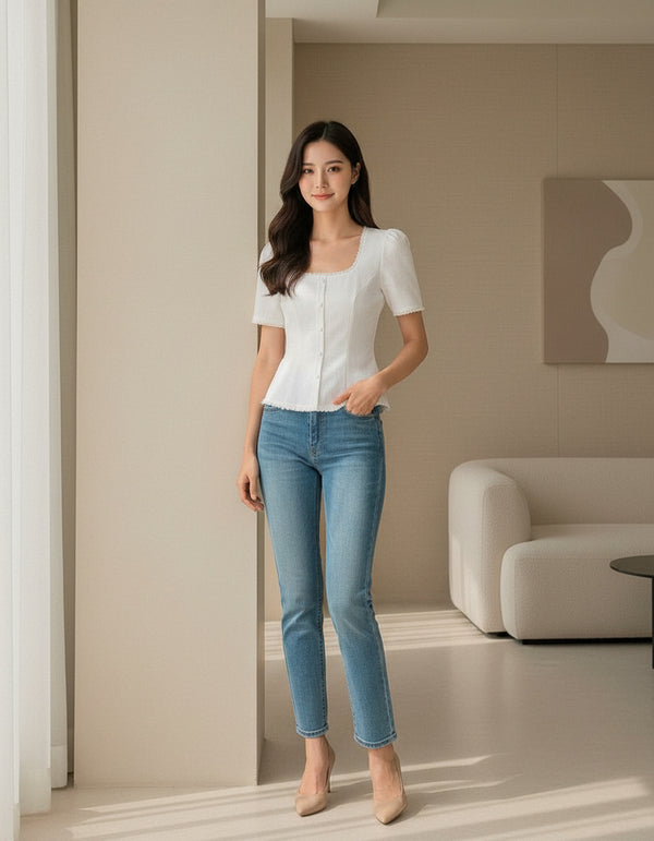 White Solid Women’s Square Neck Casual Top - GARMENT2FASHION