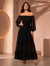 Black Off-Shoulder Tiered Maxi Dress with Waist Tie