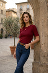 Maroon Scalloped Lettuce Trim Ribbed Knit Top