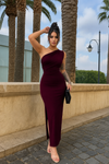 Wine One-Shoulder Ruched Side Slit Maxi Dress