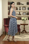 Navy Blue Polka Dot Maxi Dress Sleeveless Fit and Flare - GARMENT2FASHION