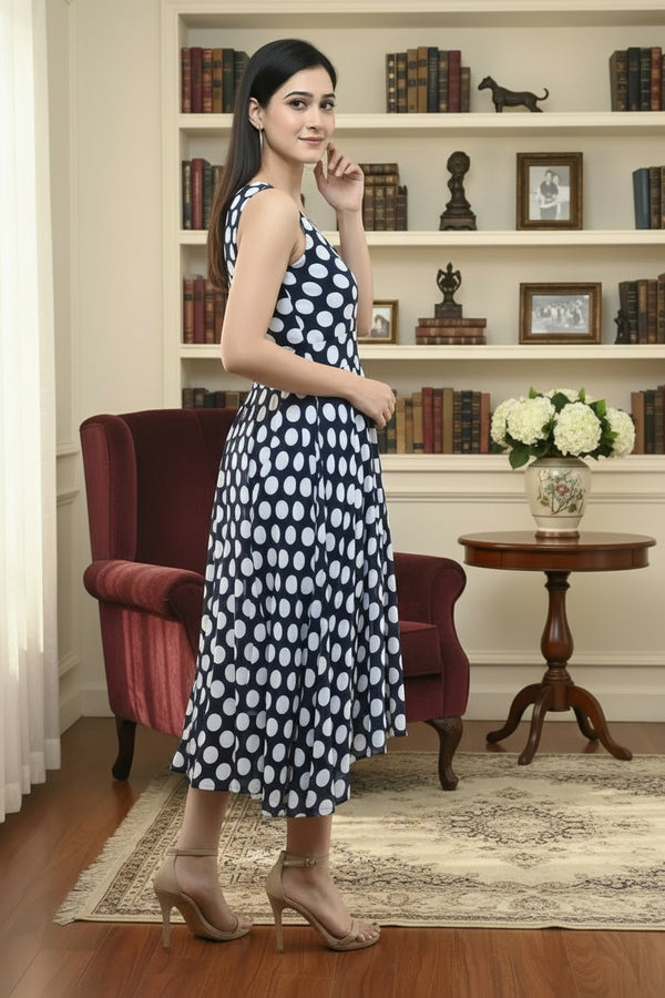Navy Blue Polka Dot Maxi Dress Sleeveless Fit and Flare - GARMENT2FASHION