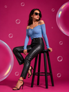 Sky Blue Ruched Off Shoulder Ribbed Crop Top