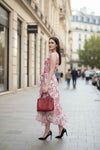 White and Pink Floral Maxi Dress Belted Flowy Summer Gown