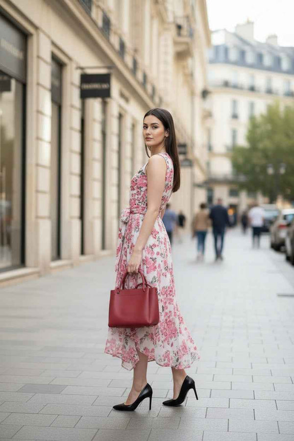 White and Pink Floral Maxi Dress Belted Flowy Summer Gown