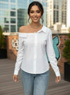 White Asymmetrical Off Shoulder Button-Down Top - GARMENT2FASHION