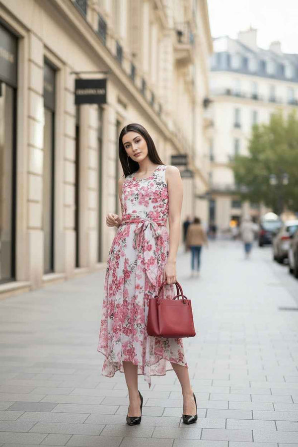 White and Pink Floral Maxi Dress Belted Flowy Summer Gown