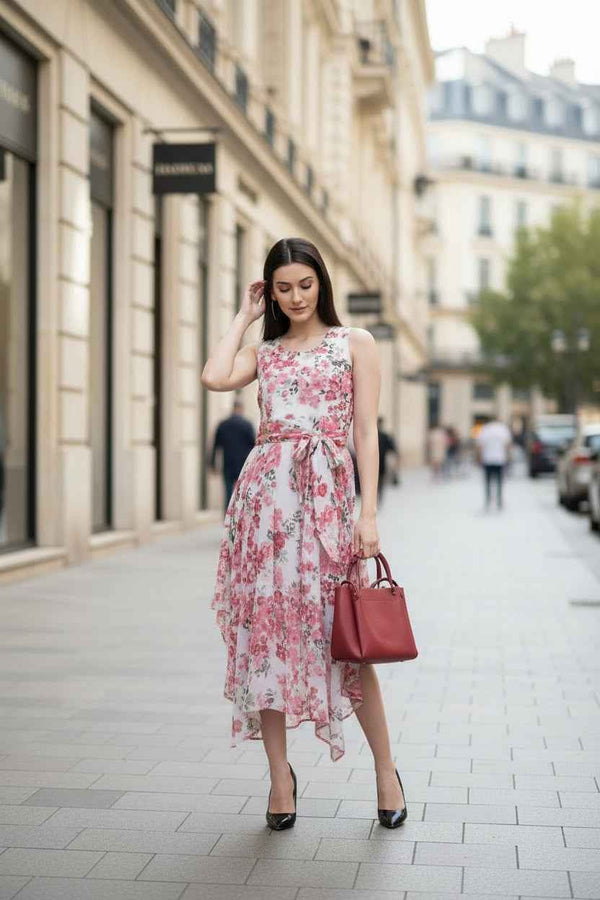 White and Pink Floral Maxi Dress Belted Flowy Summer Gown