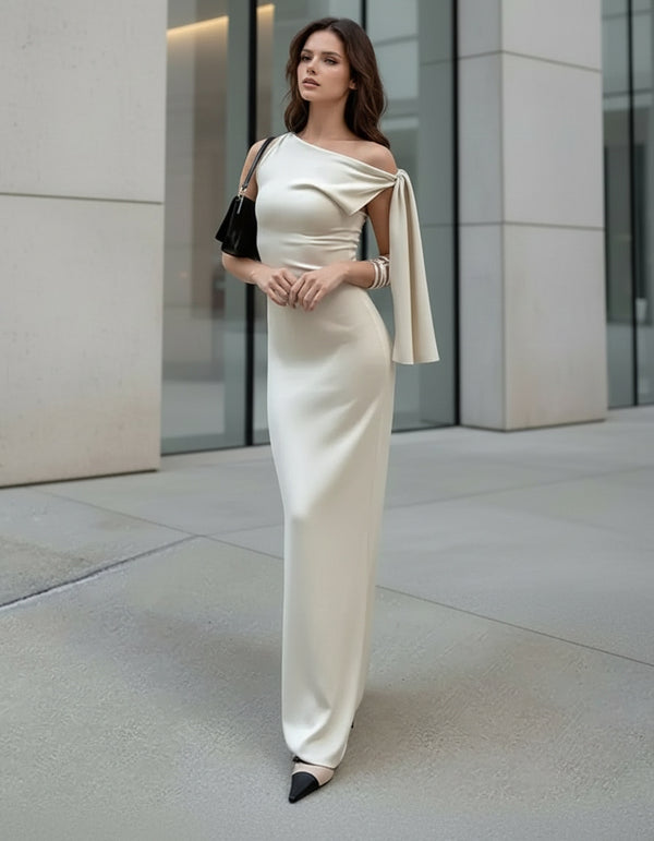 Off-White Maxi Dress Ruched Off Shoulder Bodycon - GARMENT2FASHION