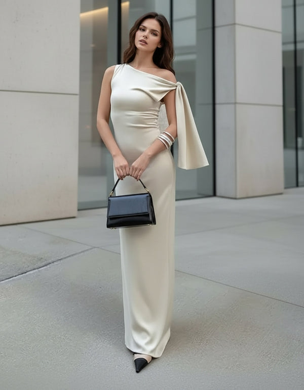 Off-White Maxi Dress Ruched Off Shoulder Bodycon - GARMENT2FASHION