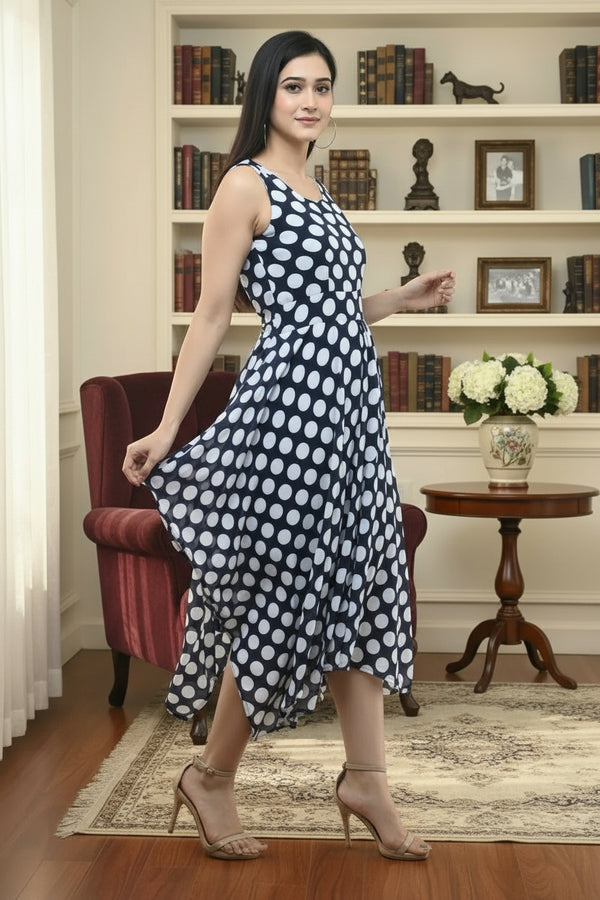 Navy Blue Polka Dot Maxi Dress Sleeveless Fit and Flare - GARMENT2FASHION