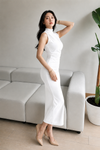 White High Neck Ruched Bodycon Midi Dress
