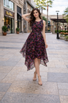 Black Floral High-Low Midi Dress with Sleeveless Fit & Sheer Overlay