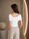 White Asymmetric Ruched Neck Fitted Top for Women