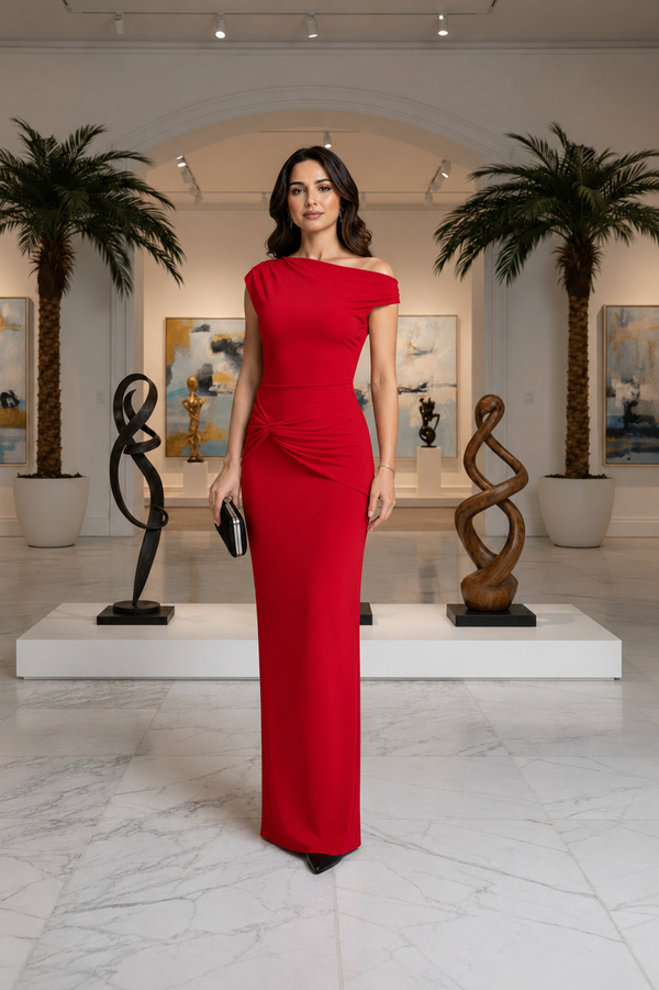 Red One-Shoulder Twist Waist Maxi Dress