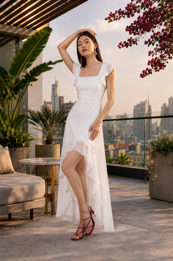 White Ruffle Hem High-Low Midi Dress