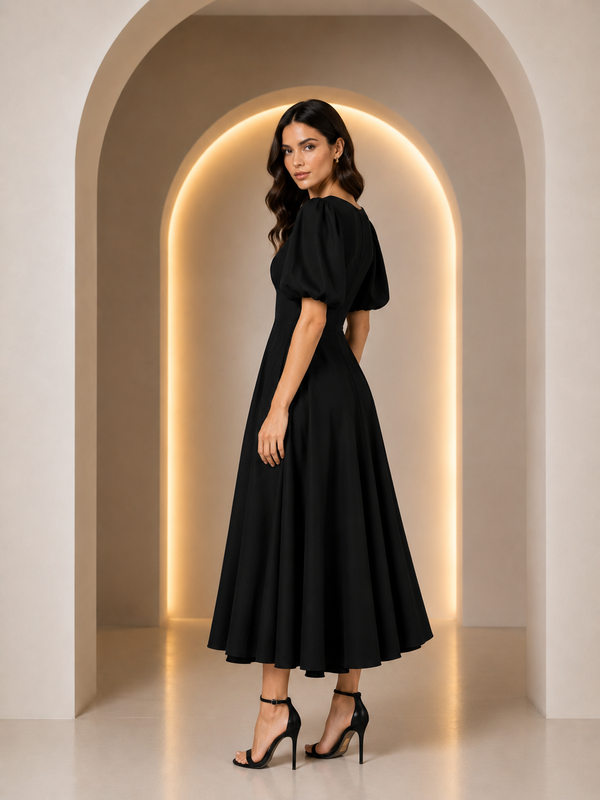 Black Puff Sleeve Flared Midi Dress