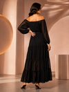 Black Off-Shoulder Tiered Maxi Dress with Waist Tie