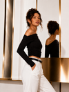 Black Off-Shoulder Ruched Full Sleeve Crop Top