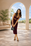 Deep Wine Plum Cut-Out Ruched Bodycon Midi Dress