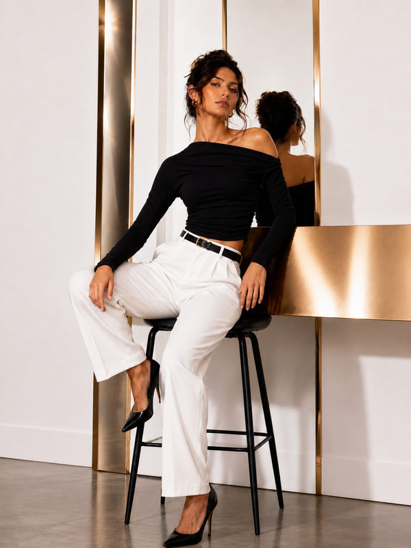 Black Off-Shoulder Ruched Full Sleeve Crop Top