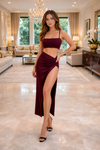 Wine Ruched Slit Two Piece Co-Ord Set