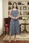Navy Blue Polka Dot Maxi Dress Sleeveless Fit and Flare - GARMENT2FASHION