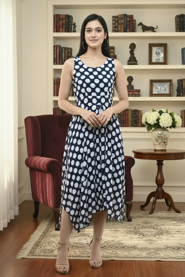 Navy Blue Polka Dot Maxi Dress Sleeveless Fit and Flare - GARMENT2FASHION