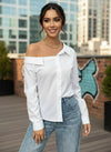 White Asymmetrical Off Shoulder Button-Down Top - GARMENT2FASHION