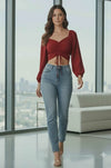 Red Sweetheart Ruched Front Tie-Up Crop Top