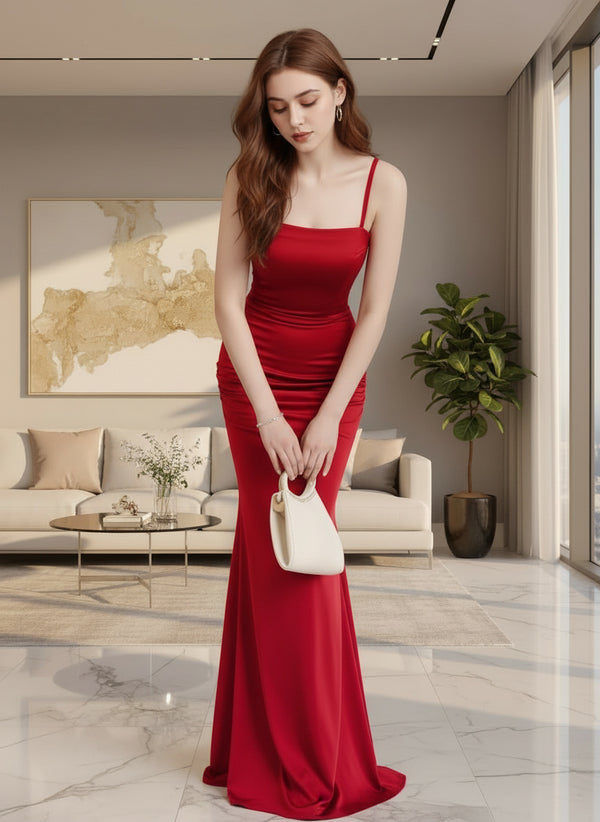 Red Square Neck Bodycon Maxi Dress - GARMENT2FASHION